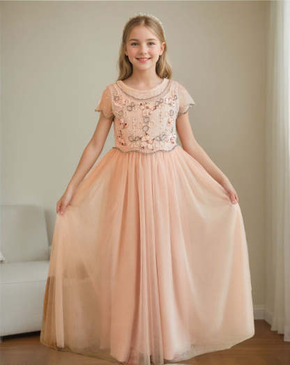 Pink floor-length chiffon flower girl dress with A-line silhouette