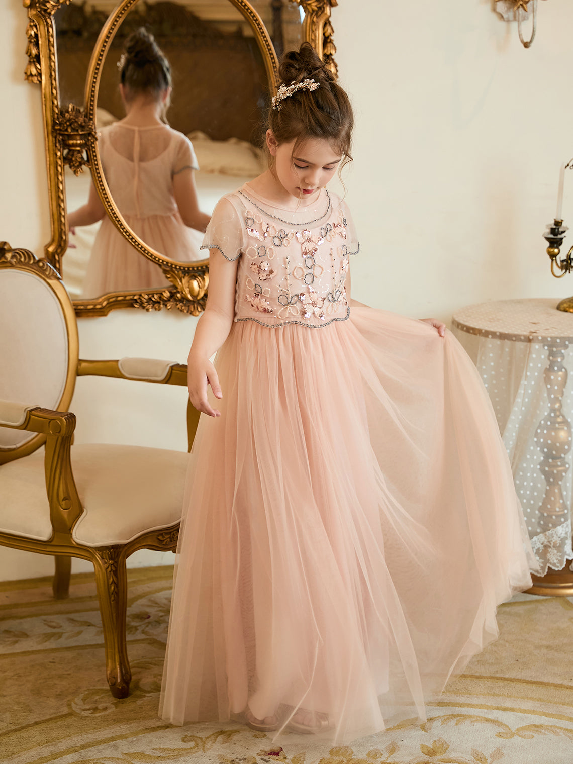Pink floor-length chiffon flower girl dress with A-line silhouette