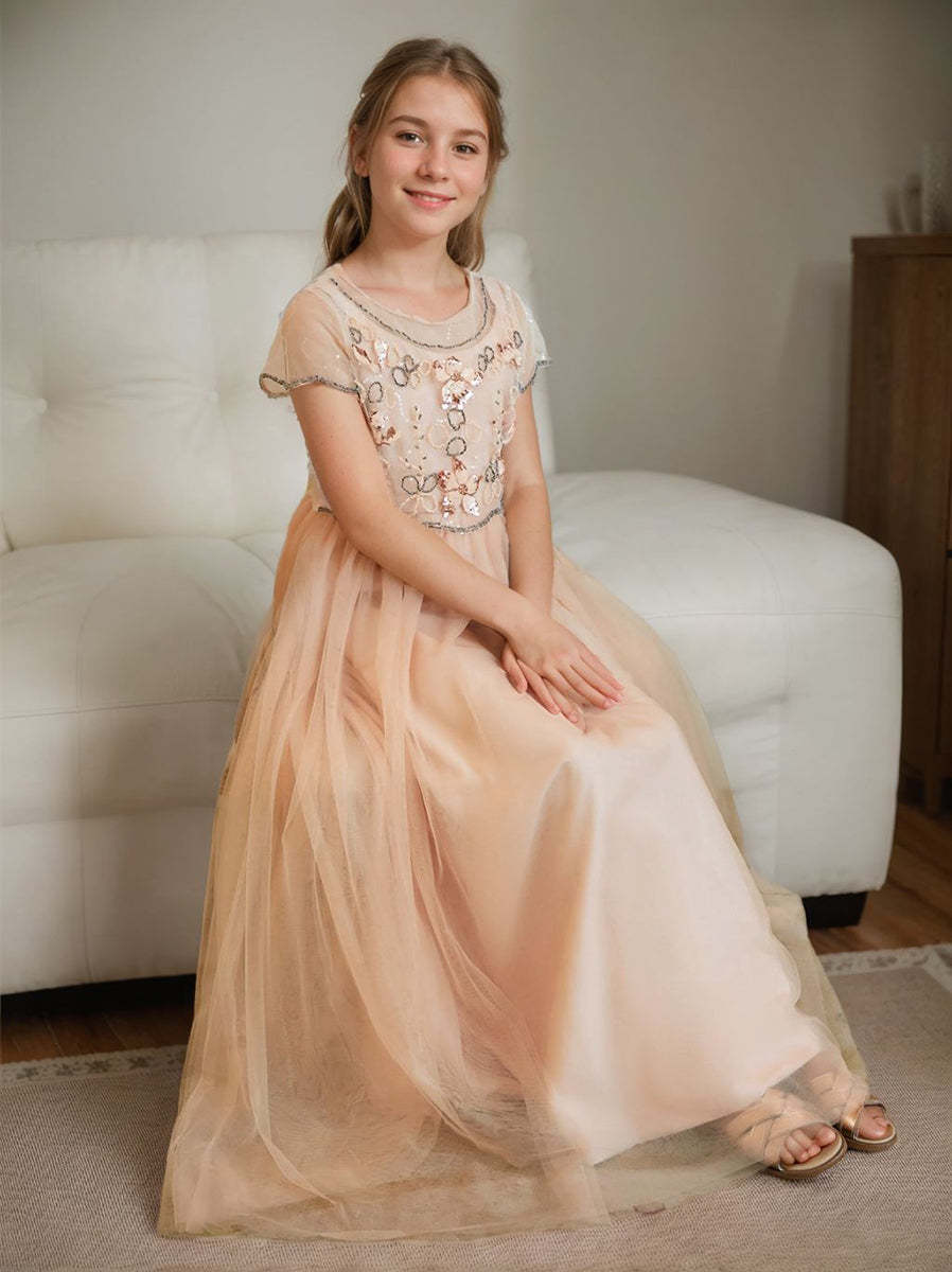 Pink floor-length chiffon flower girl dress with A-line silhouette