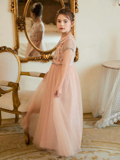 Pink floor-length chiffon flower girl dress with A-line silhouette
