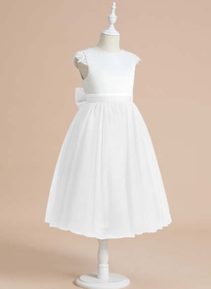 Tea-length First Communion Dress in A-line Satin Tulle