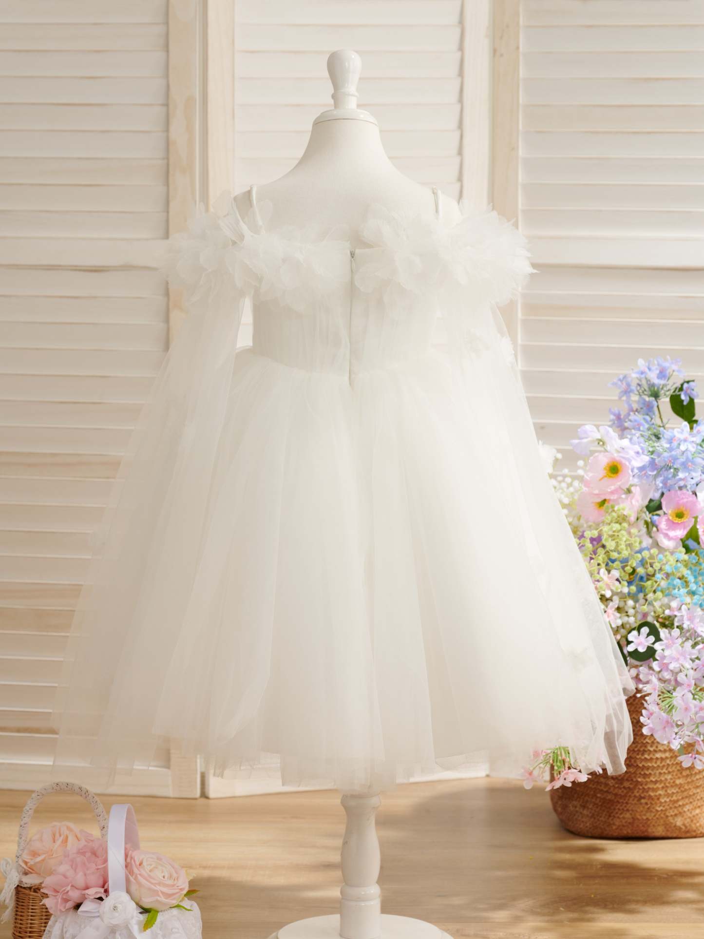 Ivory Flower Girl Dress in Princess Satin Tulle with Ball-Gown Tea-length Style