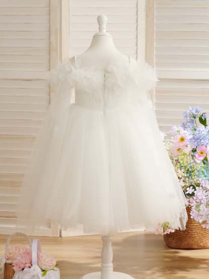 Ivory Flower Girl Dress in Princess Satin Tulle with Ball-Gown Tea-length Style