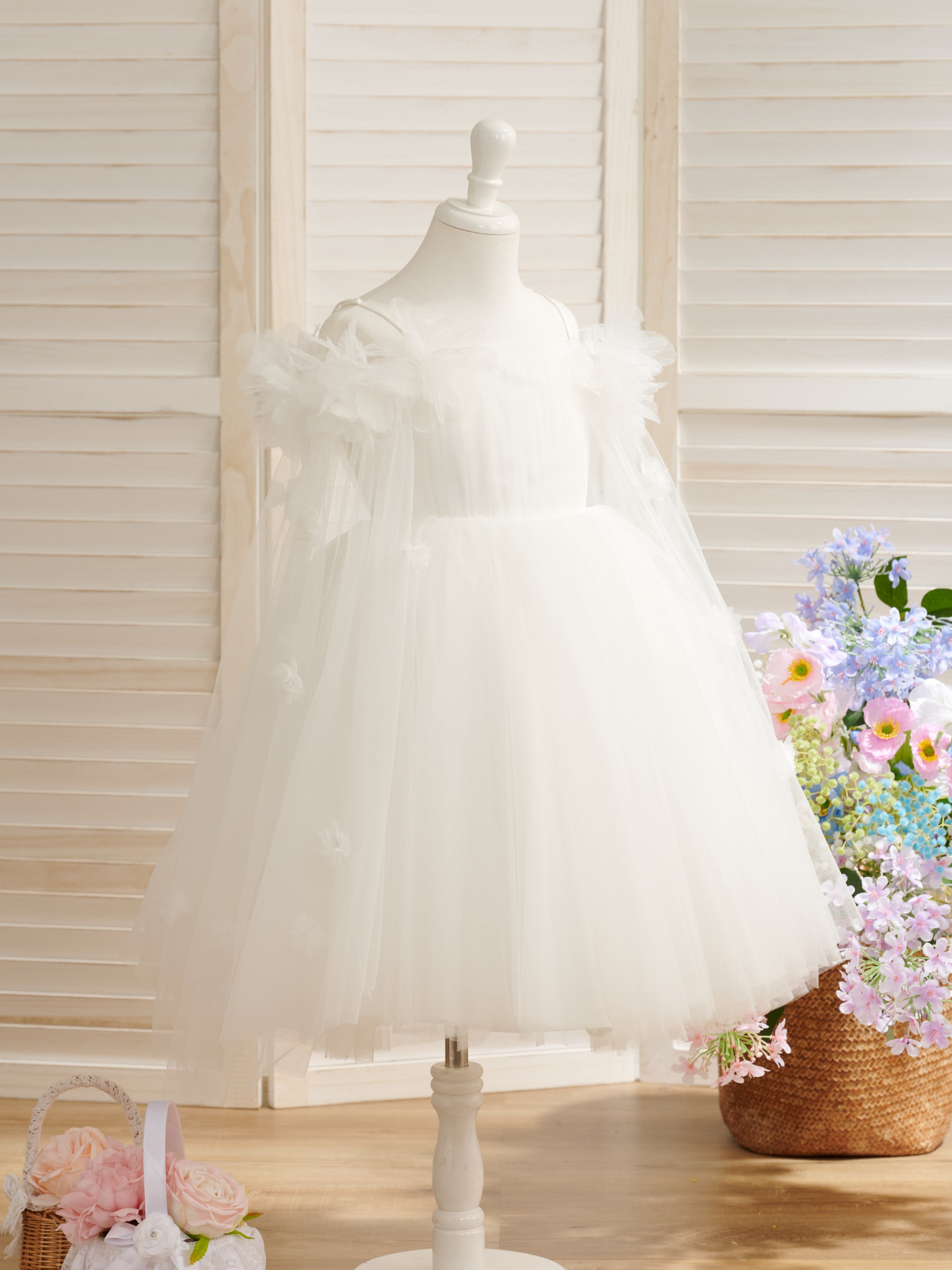 Ivory Flower Girl Dress in Princess Satin Tulle with Ball-Gown Tea-length Style