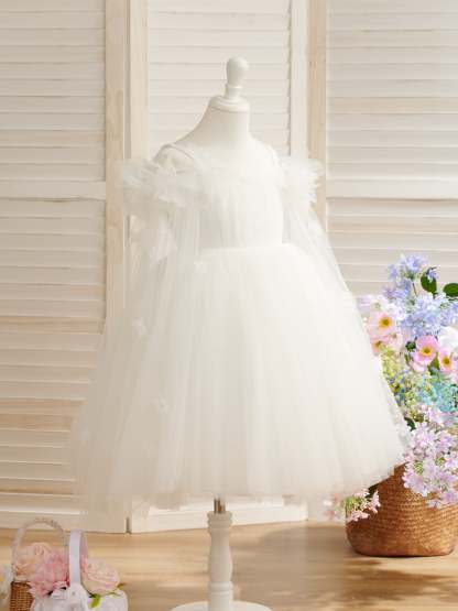 Ivory Flower Girl Dress in Princess Satin Tulle with Ball-Gown Tea-length Style