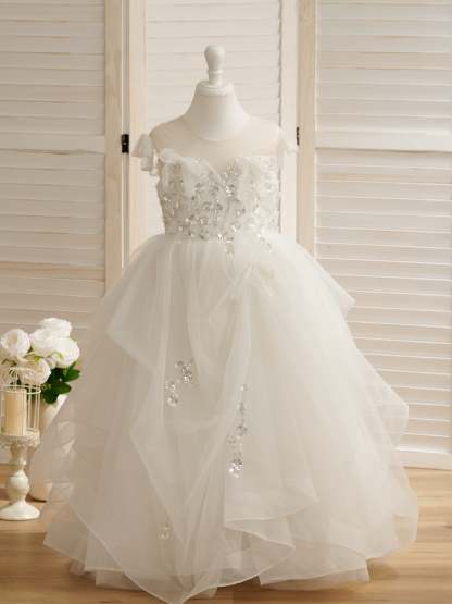 Princess-style Satin and Tulle Floor-length Ball Gown for Flower Girls