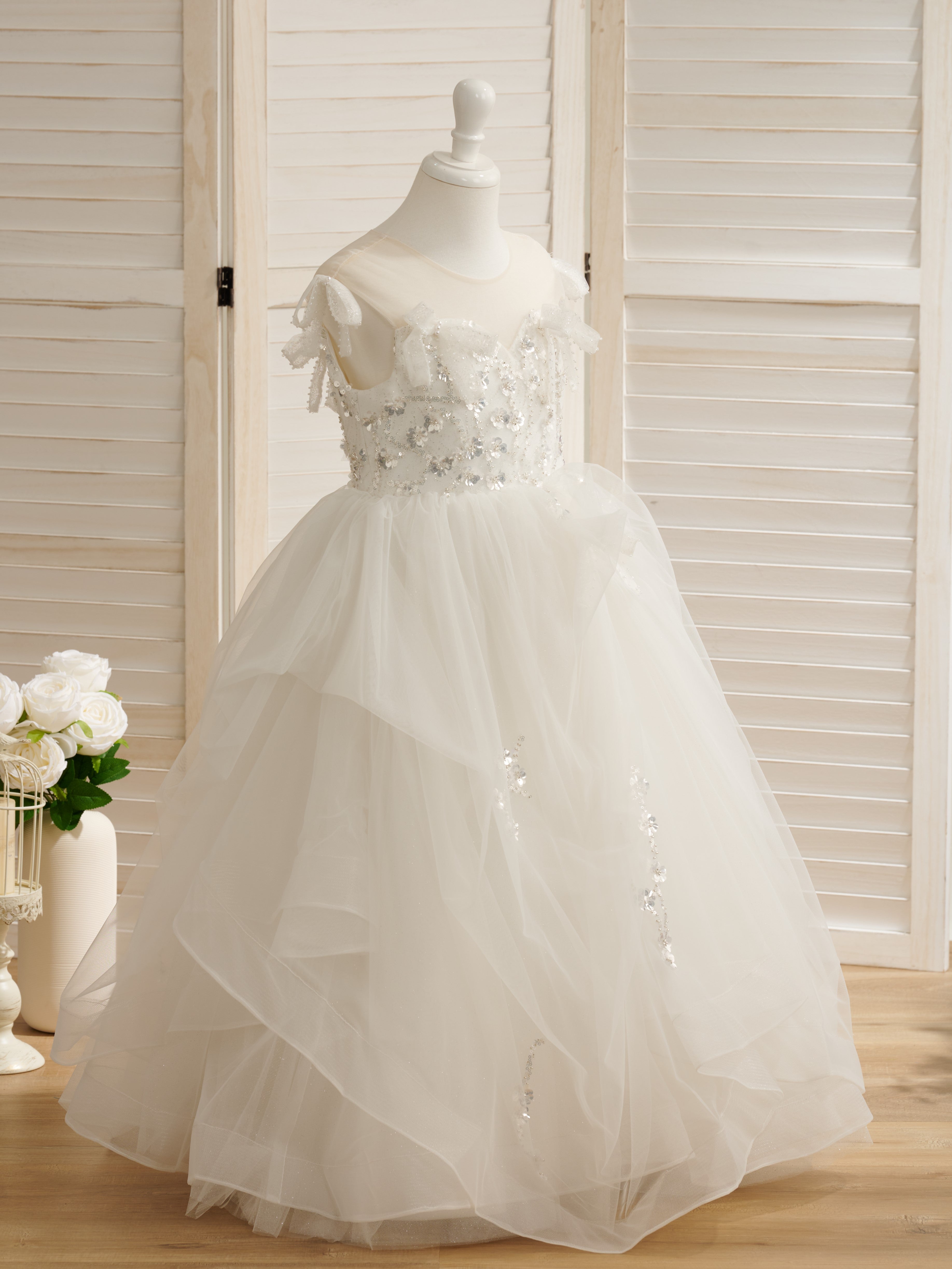 Princess-style Satin and Tulle Floor-length Ball Gown for Flower Girls