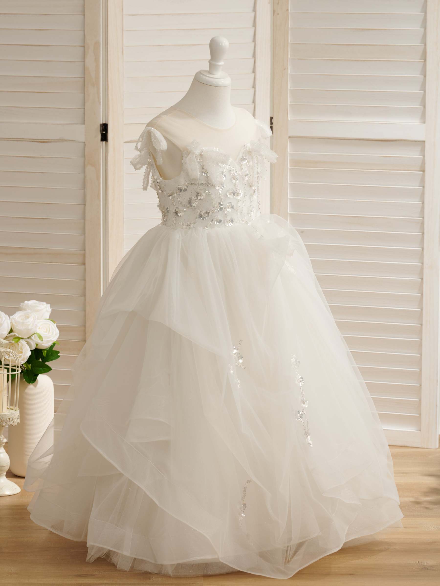 Princess-style Satin and Tulle Floor-length Ball Gown for Flower Girls