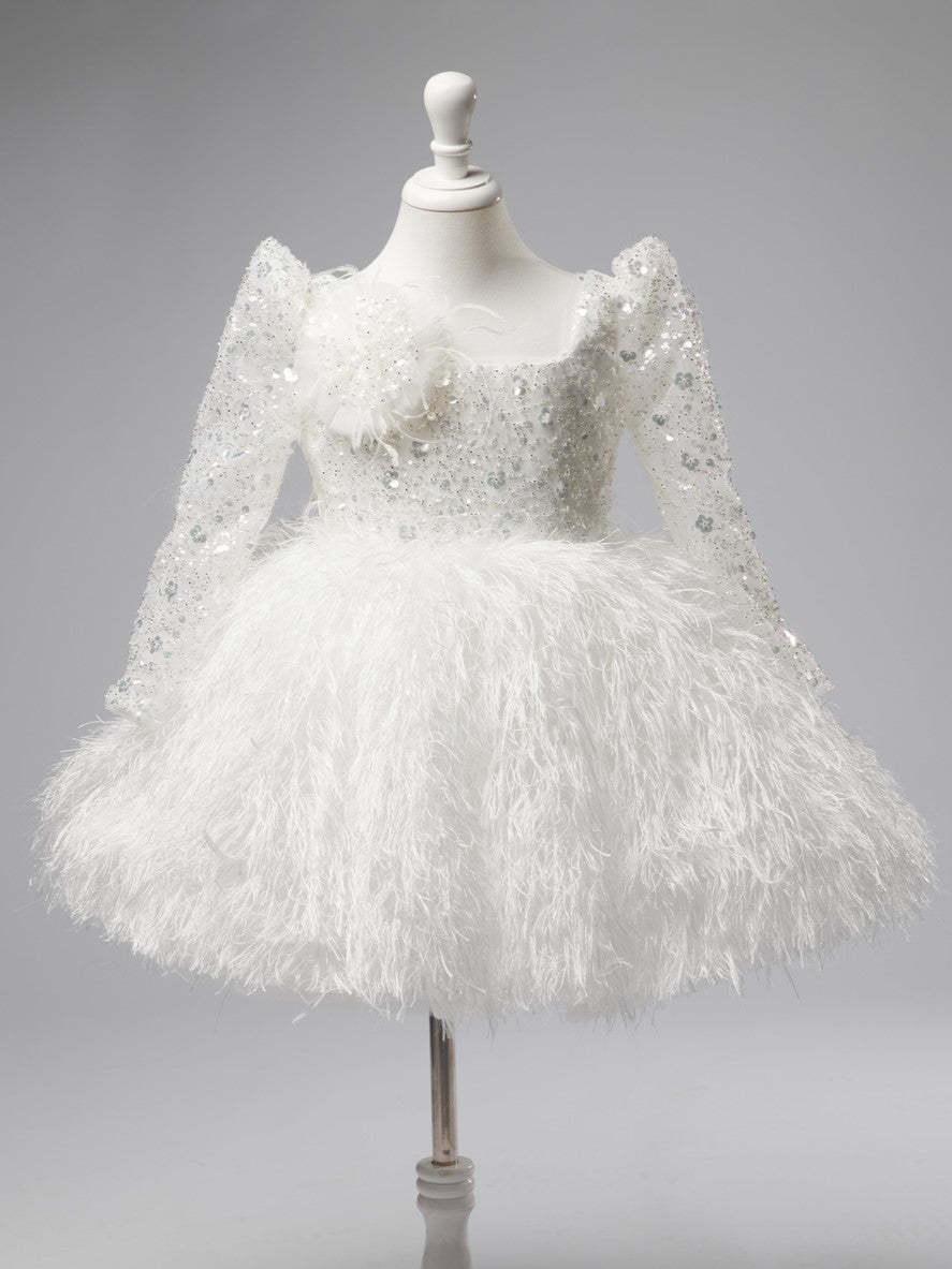 White Knee-length Baby Girl Dress with Tulle and Feather