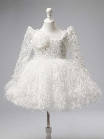 White Knee-length Baby Girl Dress with Tulle and Feather