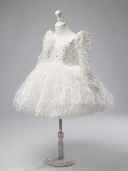 White Knee-length Baby Girl Dress with Tulle and Feather