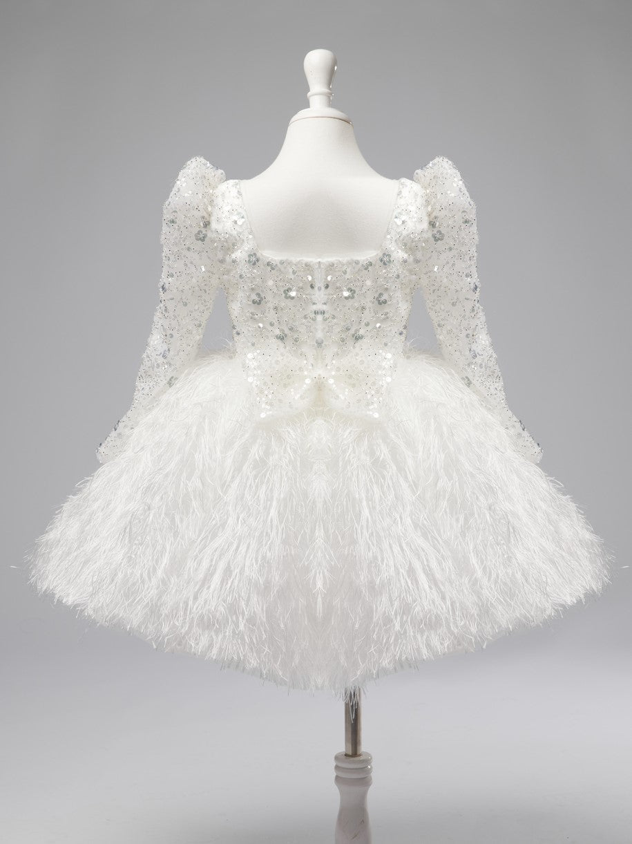 White Knee-length Baby Girl Dress with Tulle and Feather