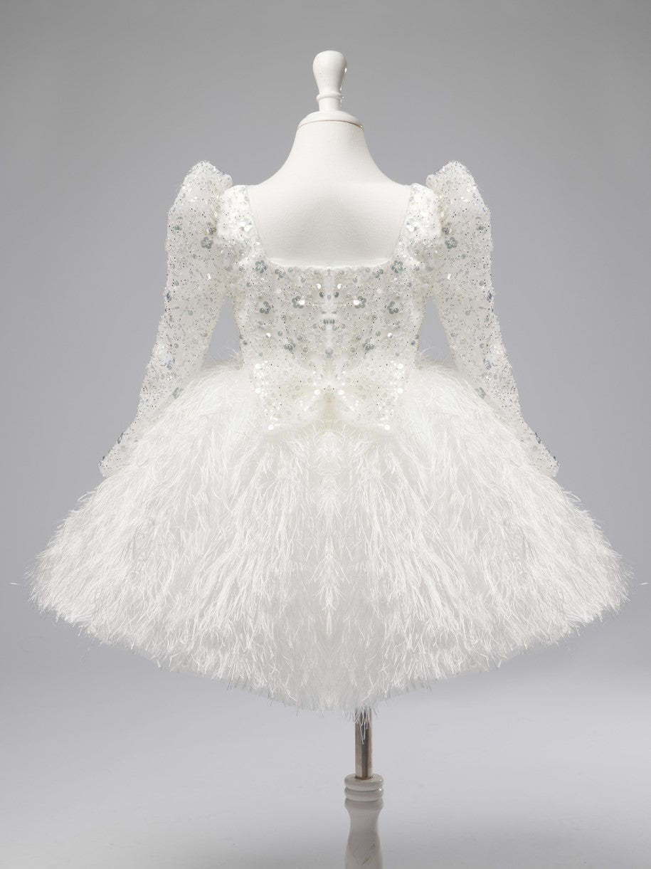 White Knee-length Baby Girl Dress with Tulle and Feather