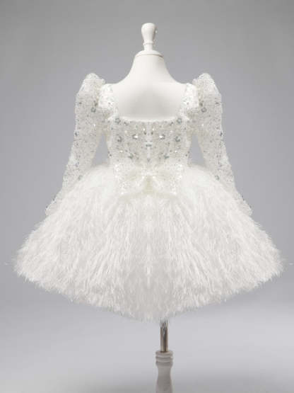 White Knee-length Baby Girl Dress with Tulle and Feather