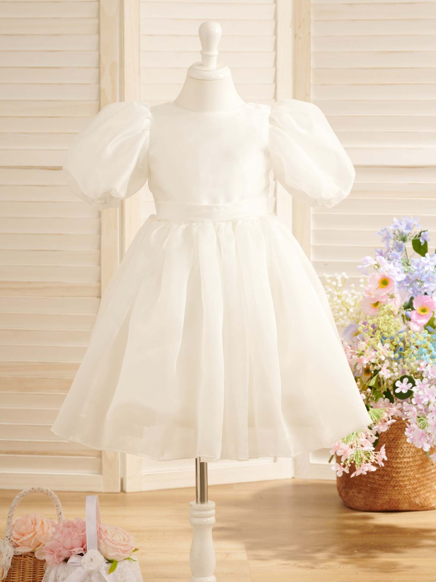 First Communion Flower Girl Dress in Organza Knee-Length Princess Ball-Gown