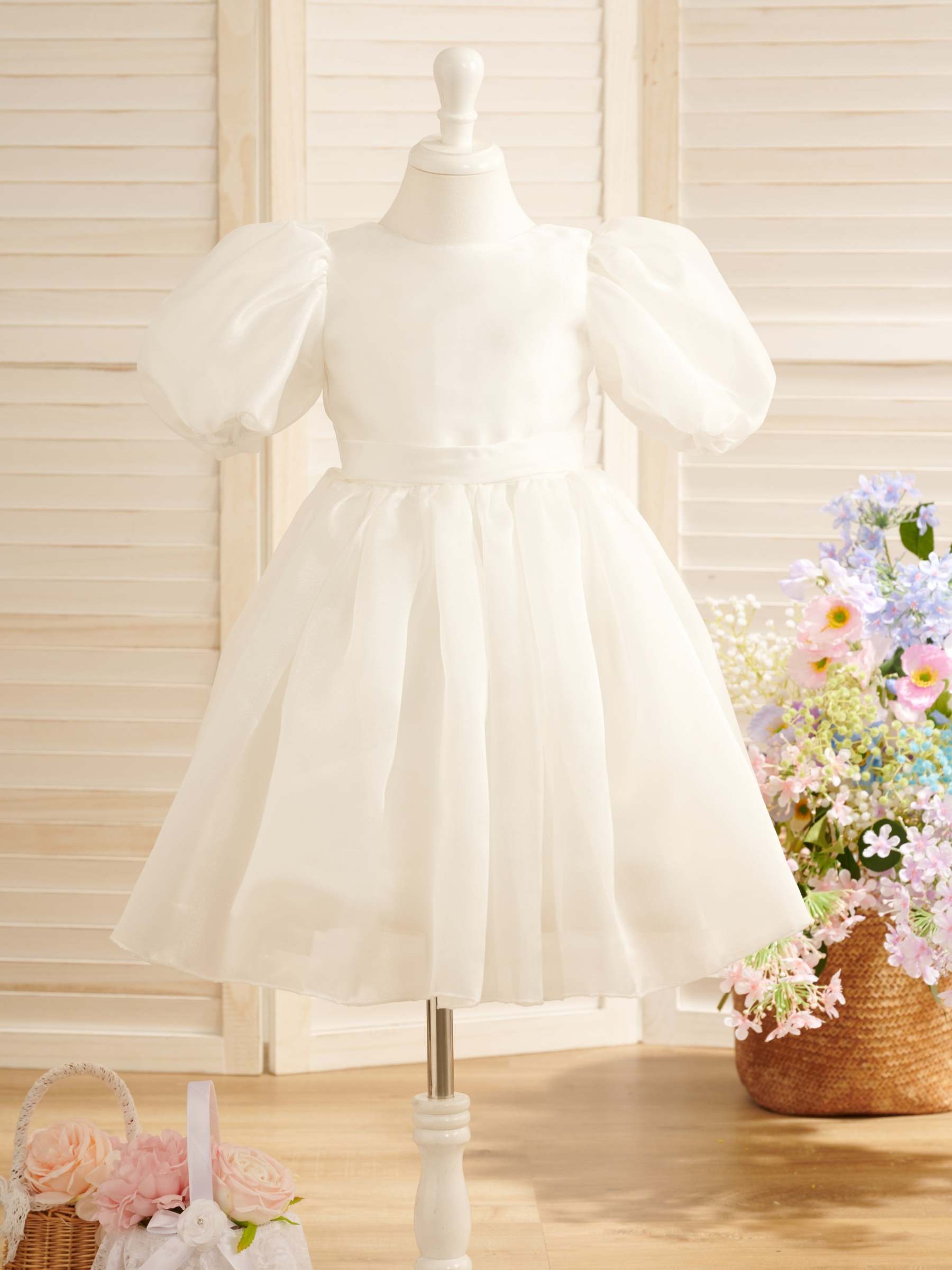 First Communion Flower Girl Dress in Organza Knee-Length Princess Ball-Gown