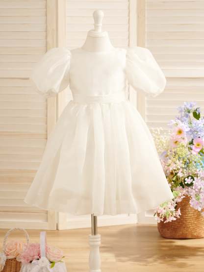 First Communion Flower Girl Dress in Organza Knee-Length Princess Ball-Gown