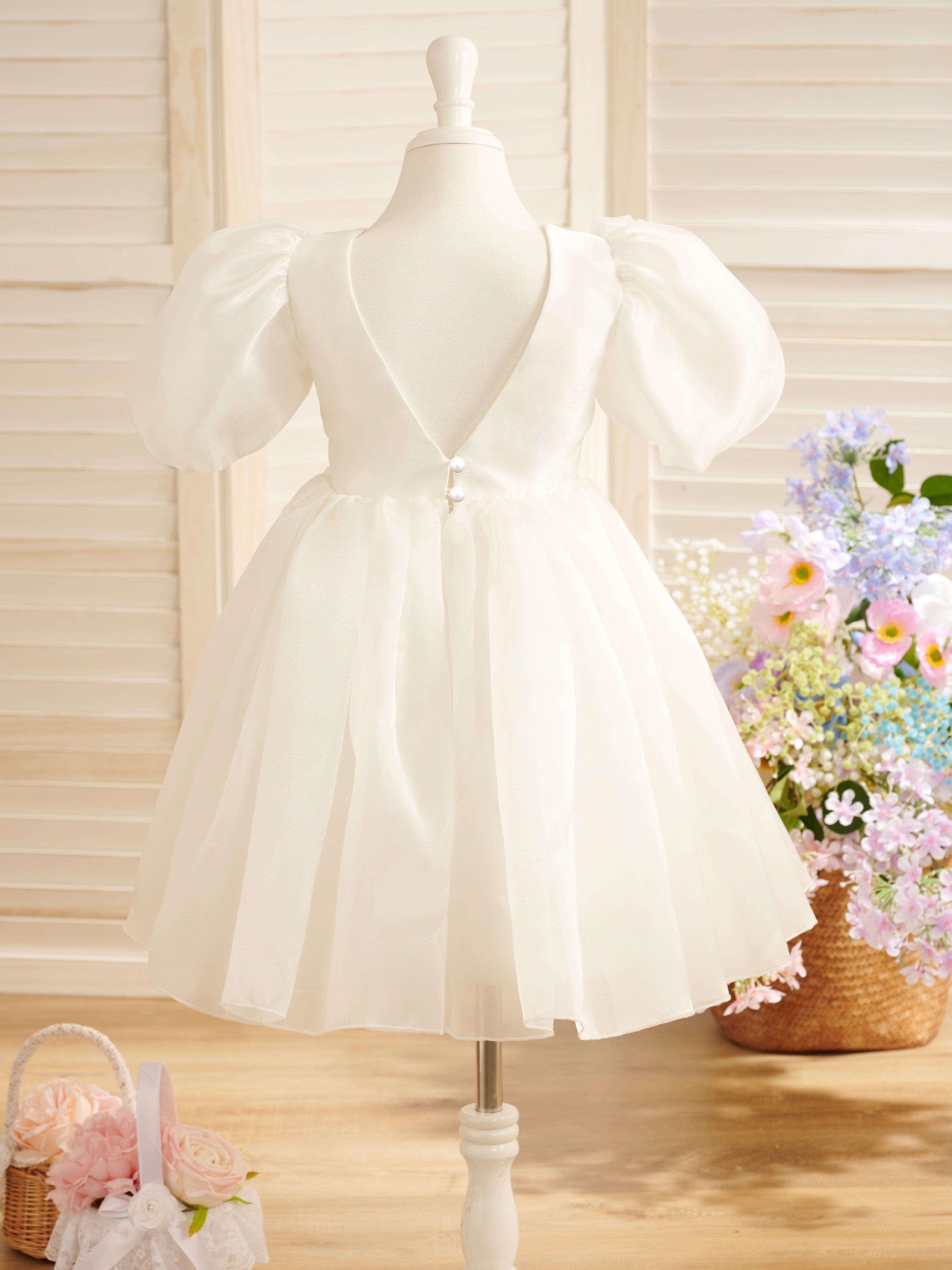 First Communion Flower Girl Dress in Organza Knee-Length Princess Ball-Gown