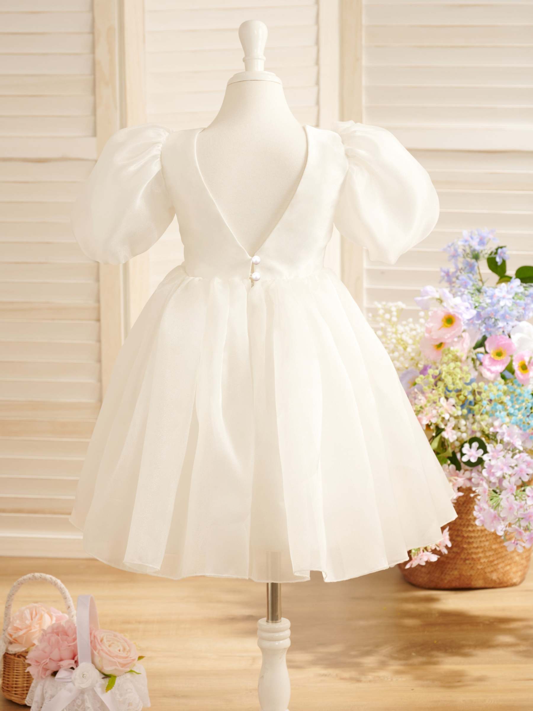 First Communion Flower Girl Dress in Organza Knee-Length Princess Ball-Gown