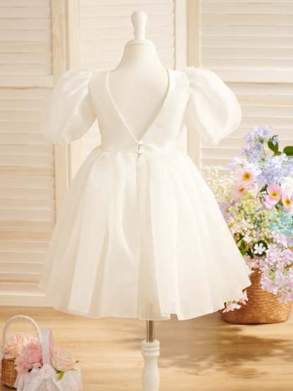 First Communion Flower Girl Dress in Organza Knee-Length Princess Ball-Gown