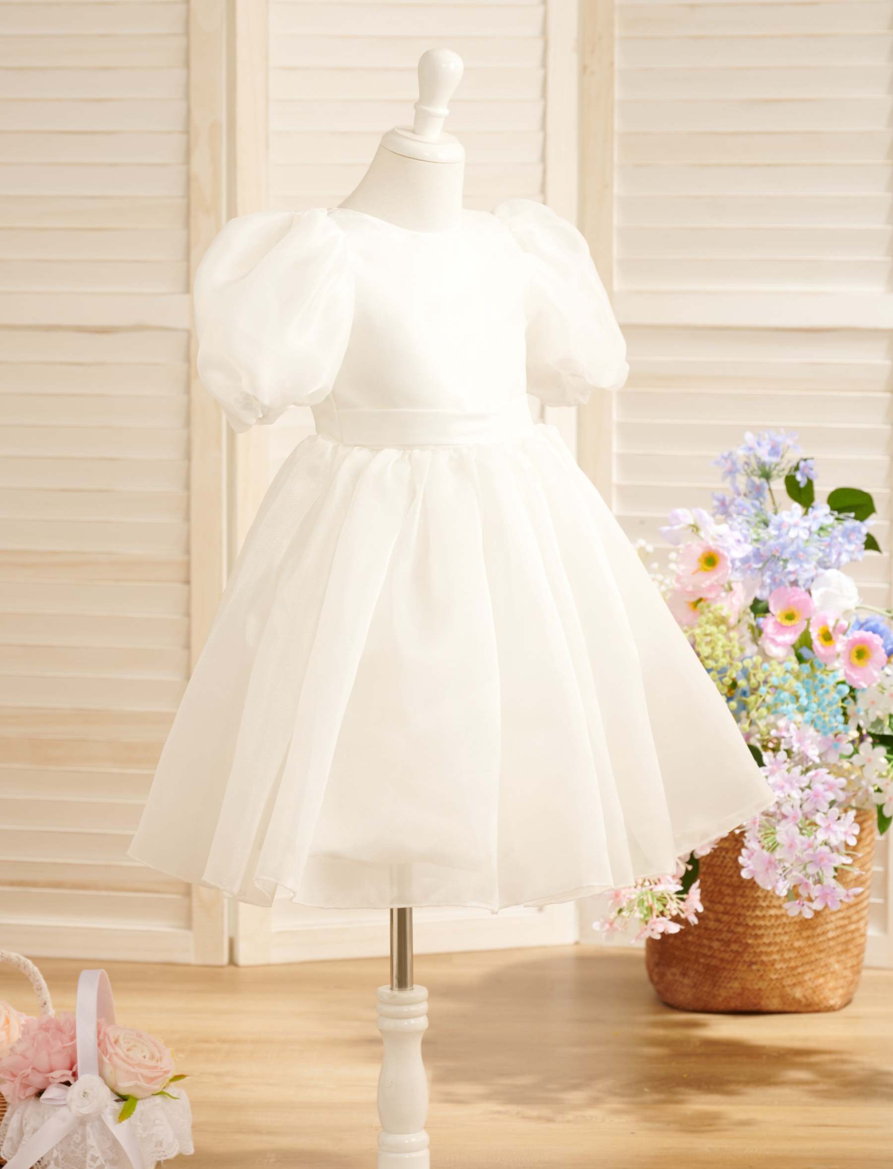 First Communion Flower Girl Dress in Organza Knee-Length Princess Ball-Gown