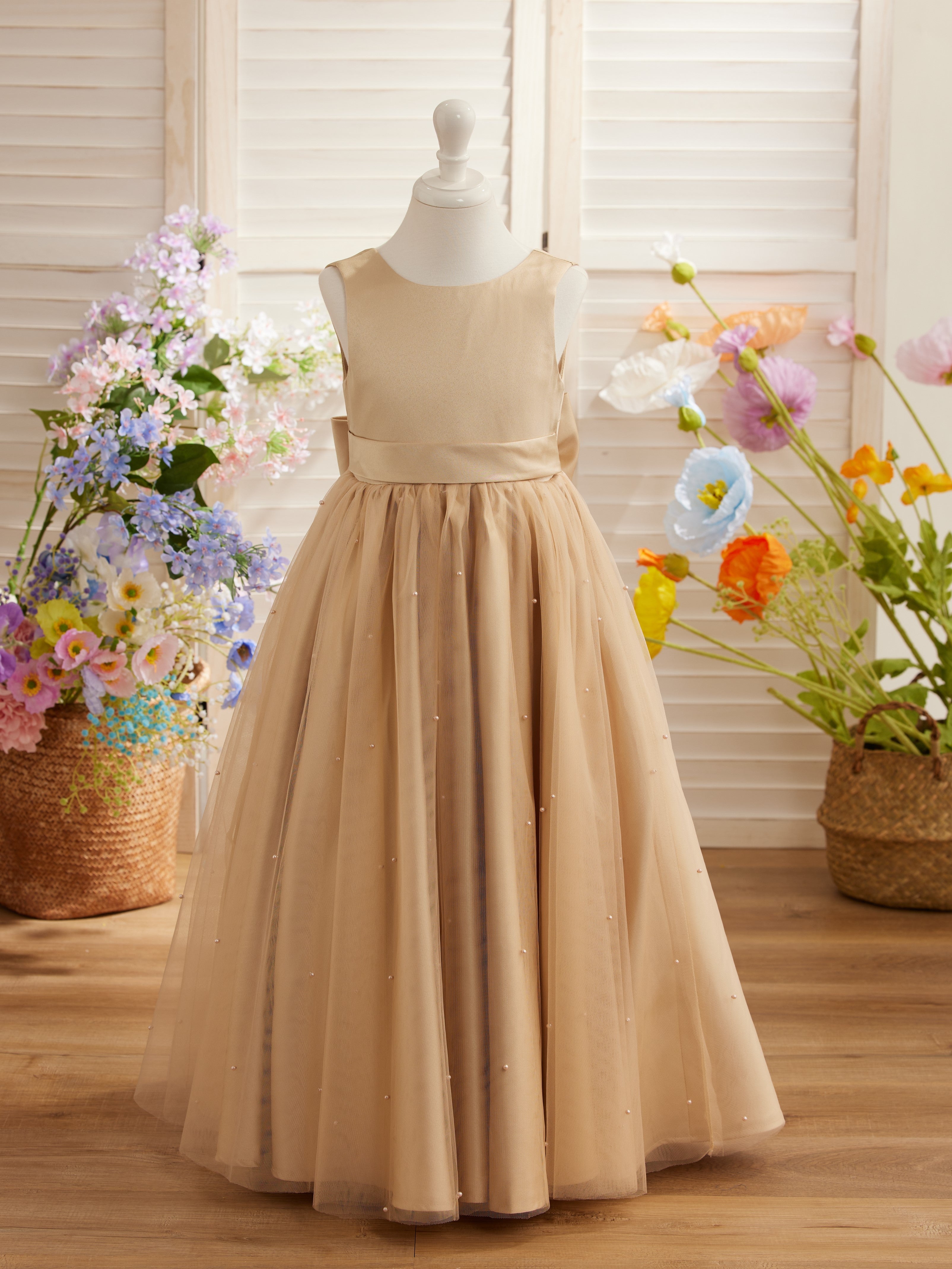 Champagne Princess Satin Tulle Ball-Gown Flower Girl Dress