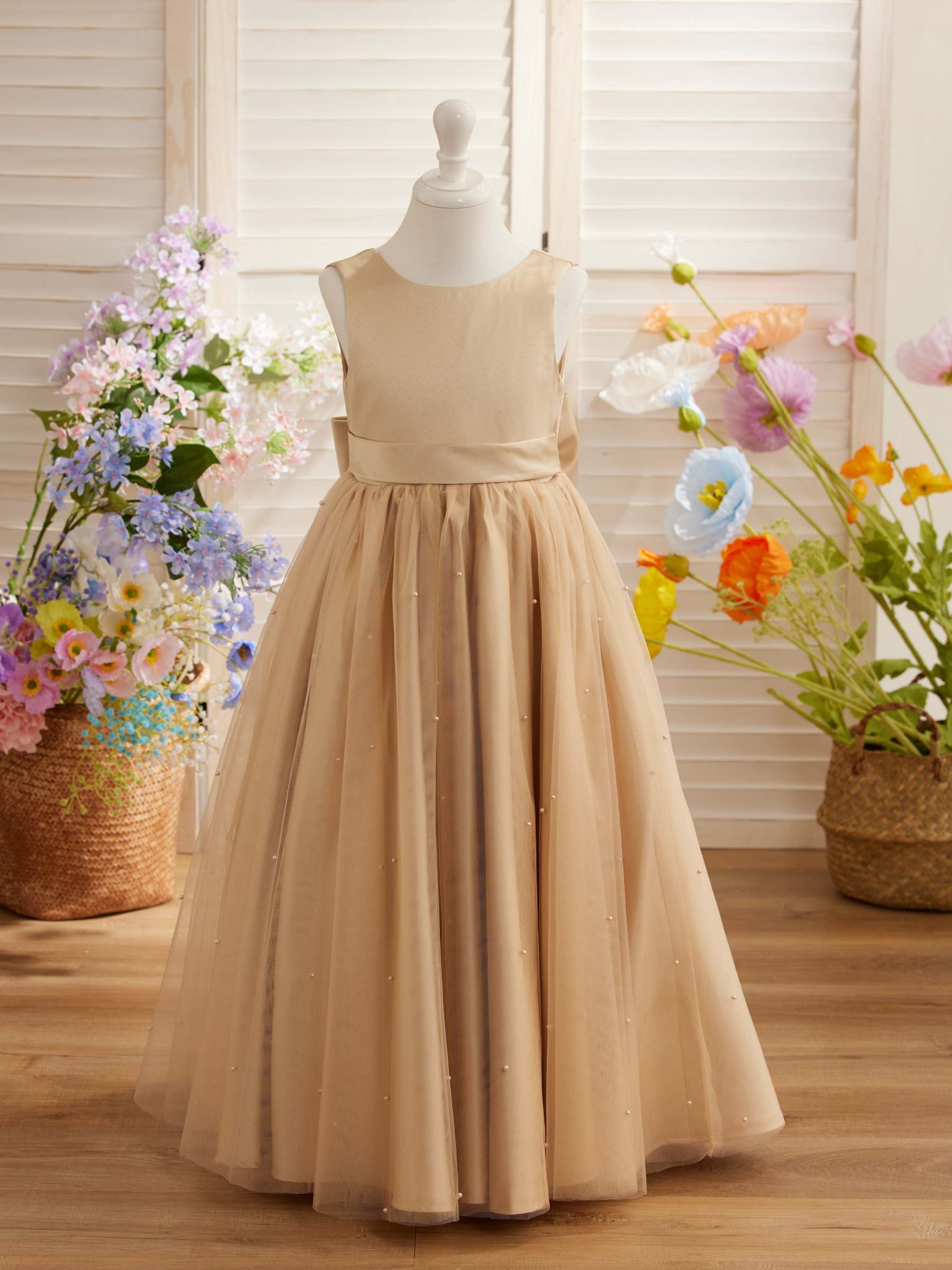 Champagne Princess Satin Tulle Ball-Gown Flower Girl Dress