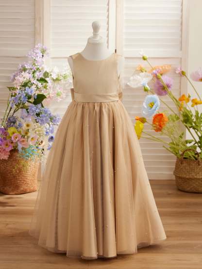Champagne Princess Satin Tulle Ball-Gown Flower Girl Dress
