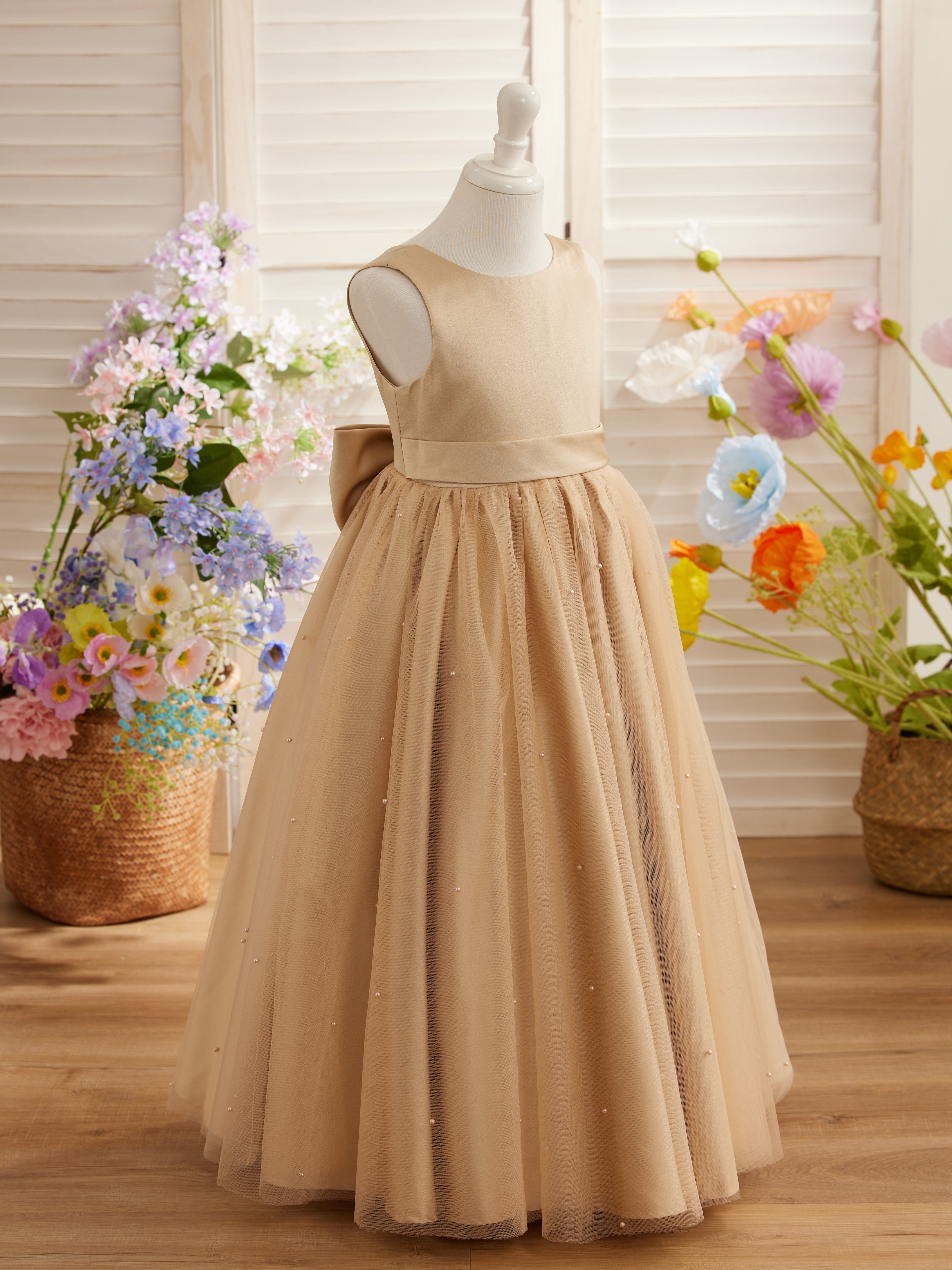 Champagne Princess Satin Tulle Ball-Gown Flower Girl Dress