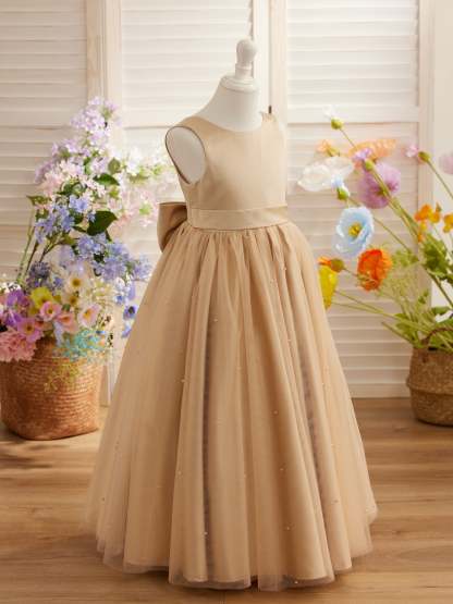 Champagne Princess Satin Tulle Ball-Gown Flower Girl Dress