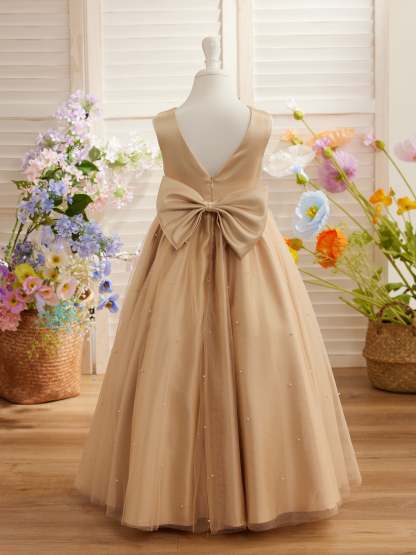 Champagne Princess Satin Tulle Ball-Gown Flower Girl Dress