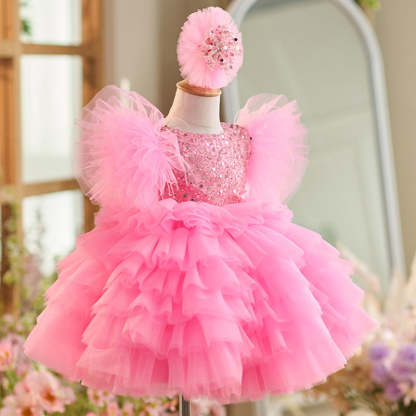 Knee-length 1st Birthday Party Dress in Sequins and Tulle