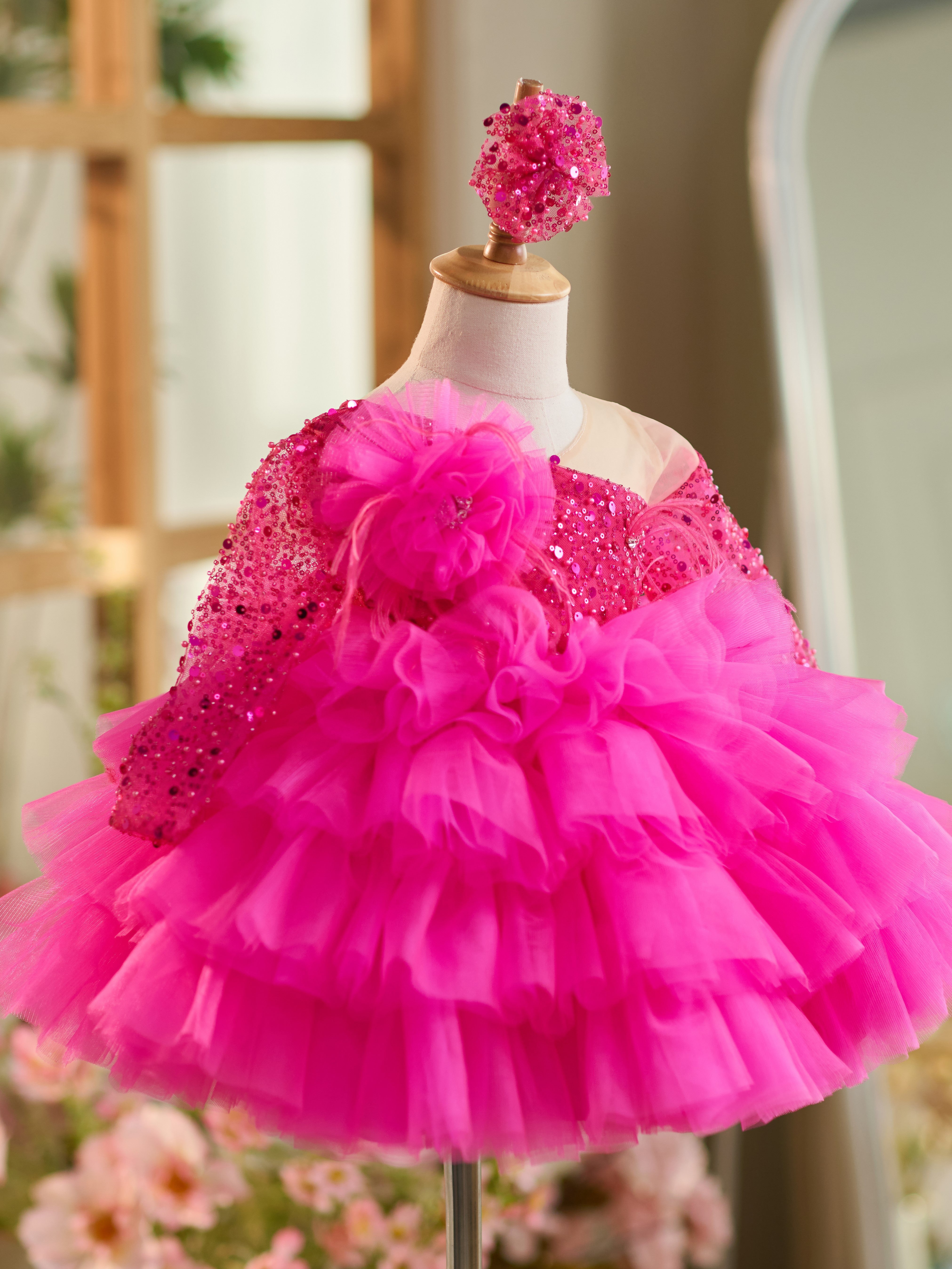 Knee-length Baby Girl Dress in Tulle with Sequins