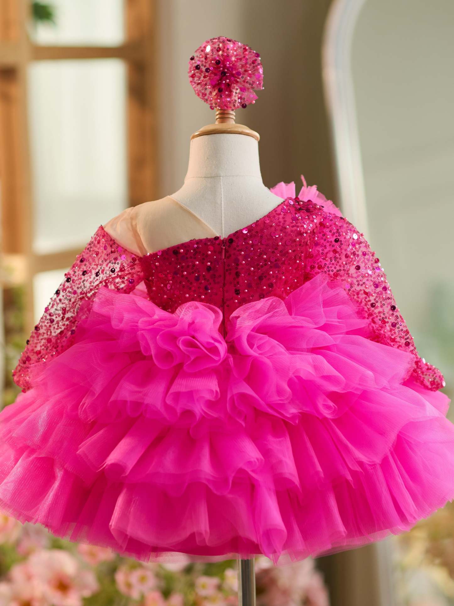 Knee-length Baby Girl Dress in Tulle with Sequins