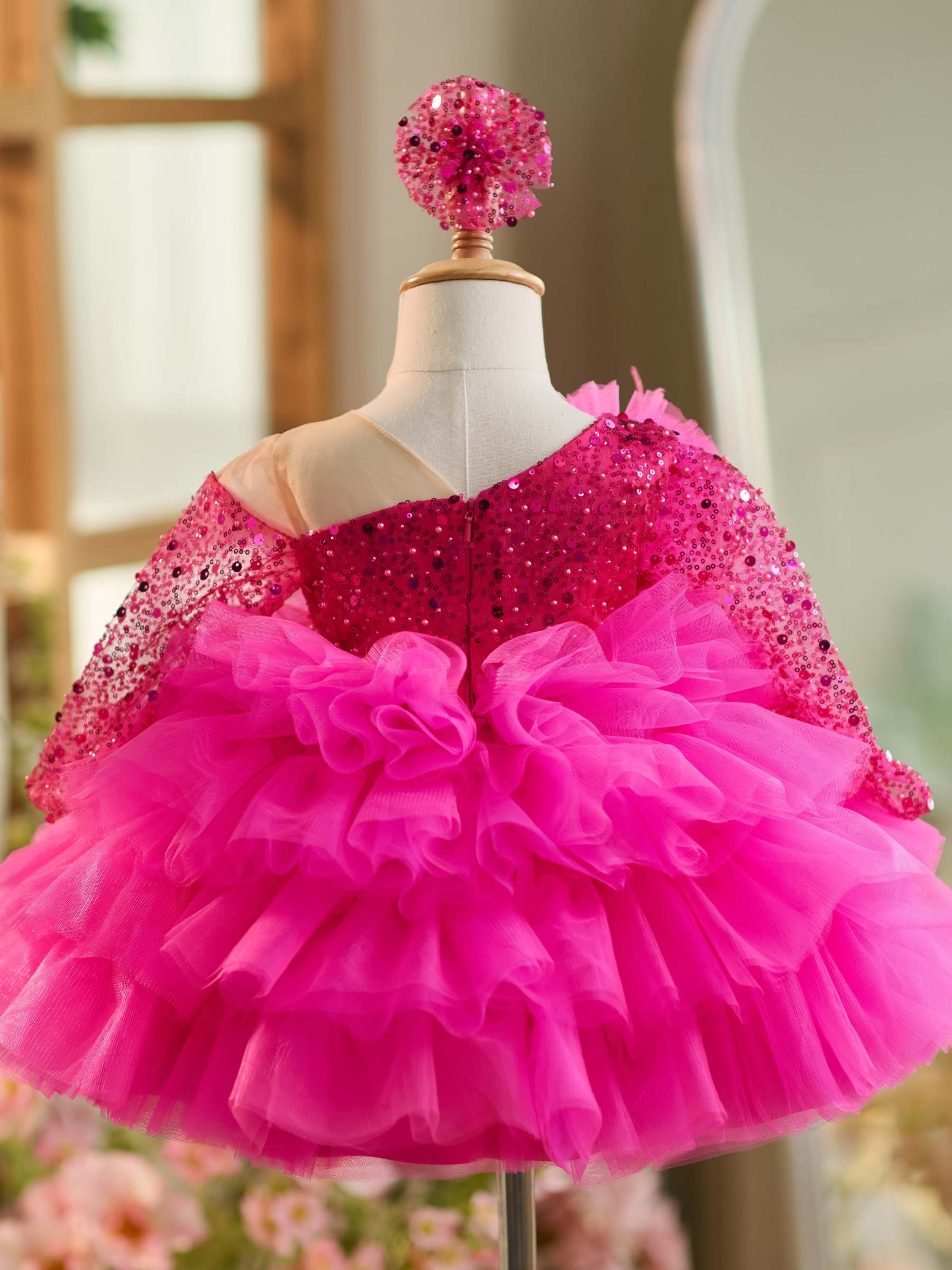 Knee-length Baby Girl Dress in Tulle with Sequins