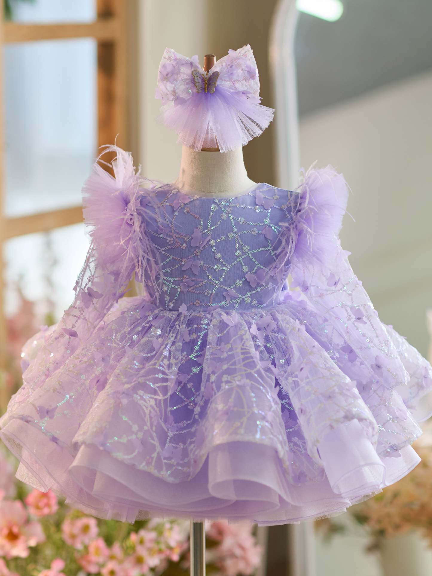 Knee-length Baby Girl Dress in Tulle with Sequins