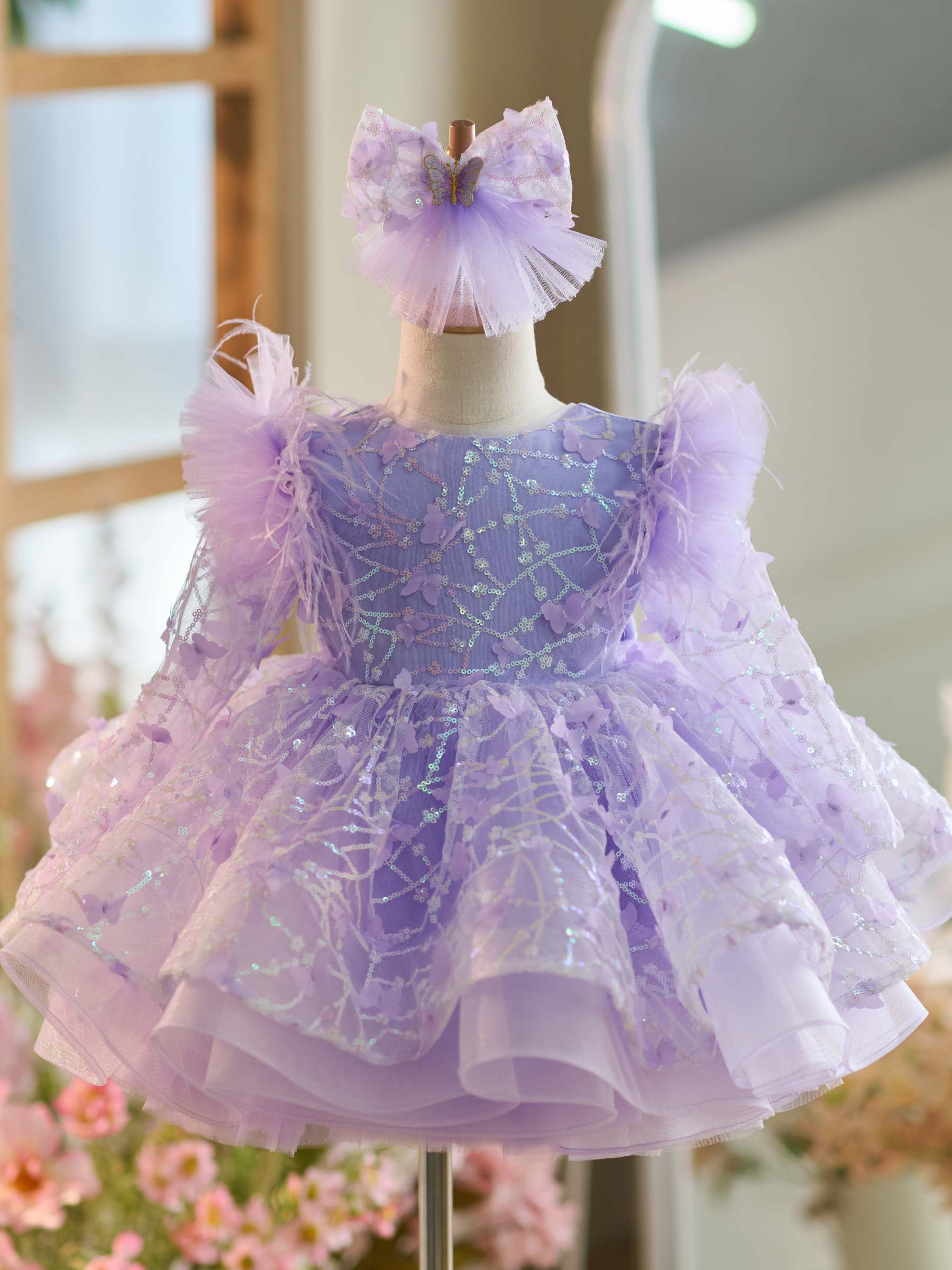 Knee-length Baby Girl Dress in Tulle with Sequins