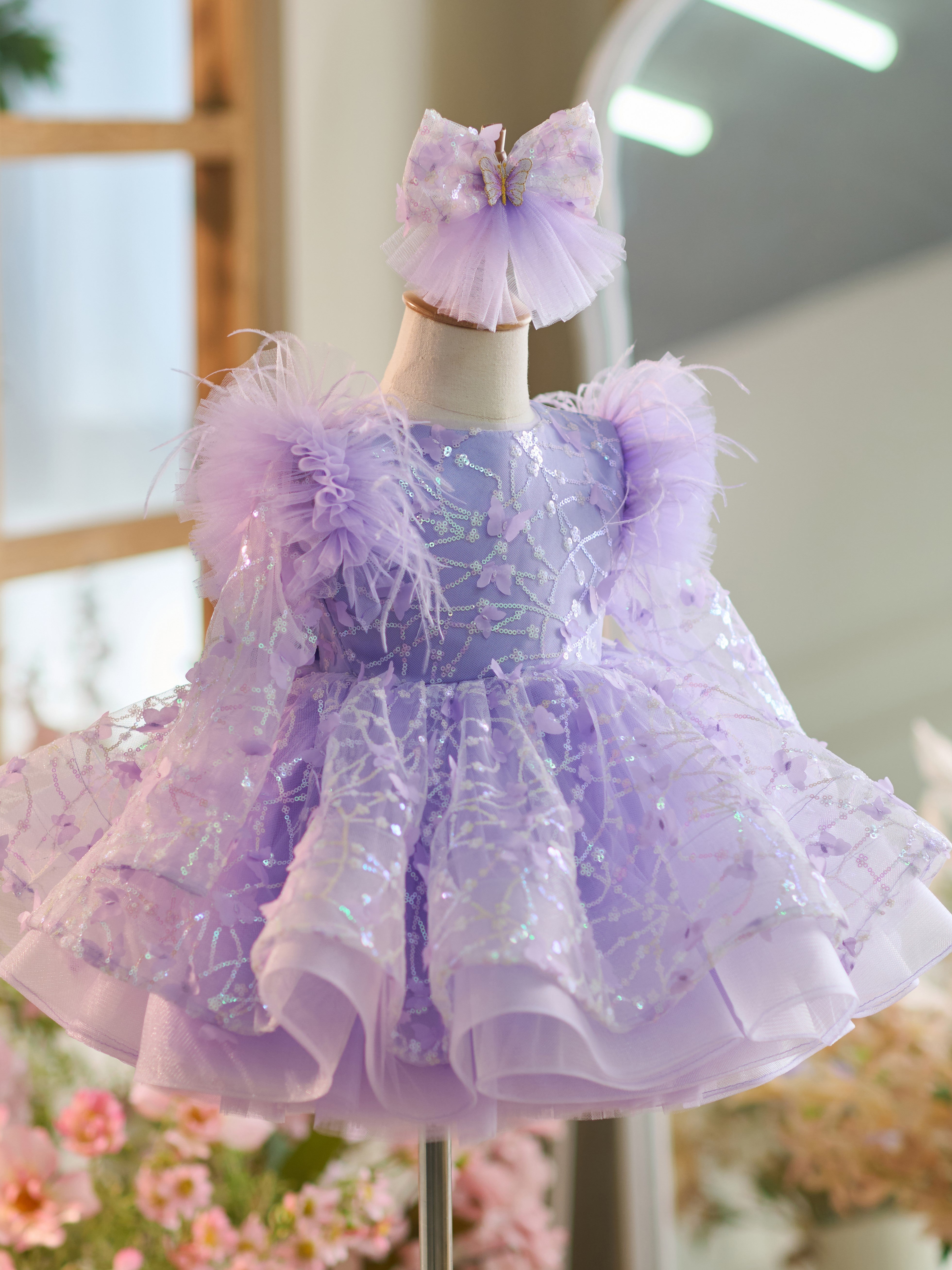 Knee-length Baby Girl Dress in Tulle with Sequins