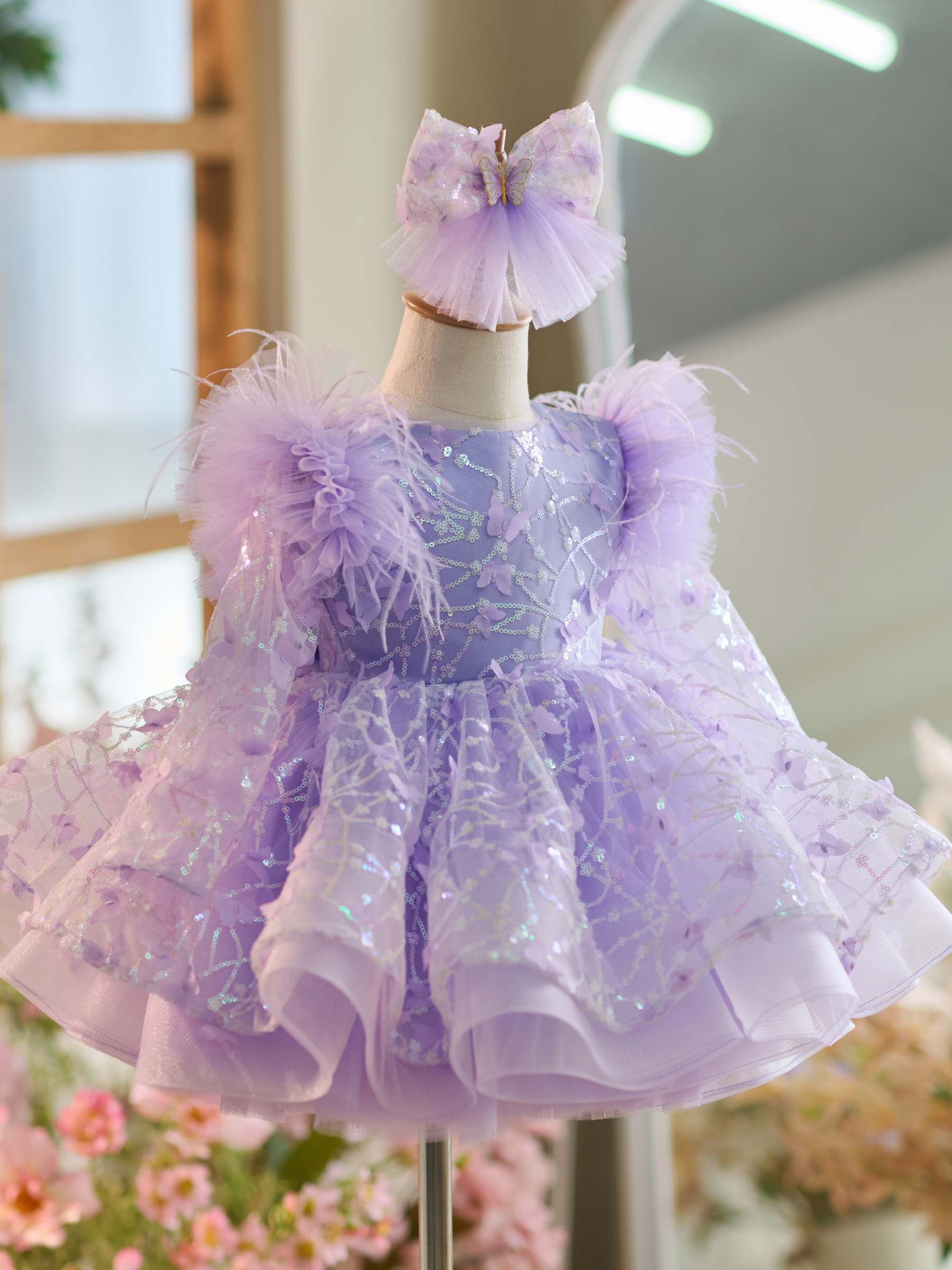 Knee-length Baby Girl Dress in Tulle with Sequins