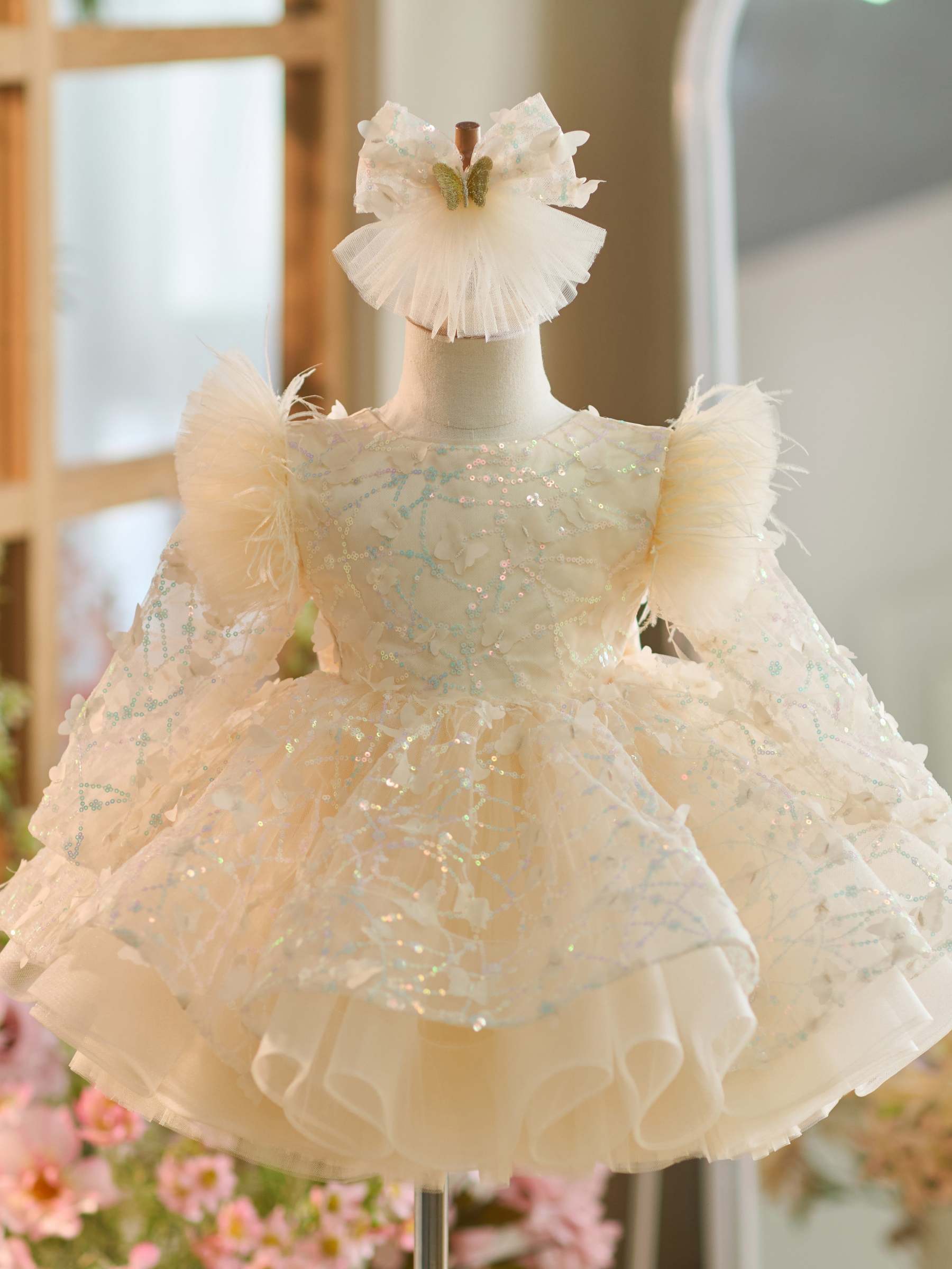 Knee-length Baby Girl Dress in Tulle with Sequins