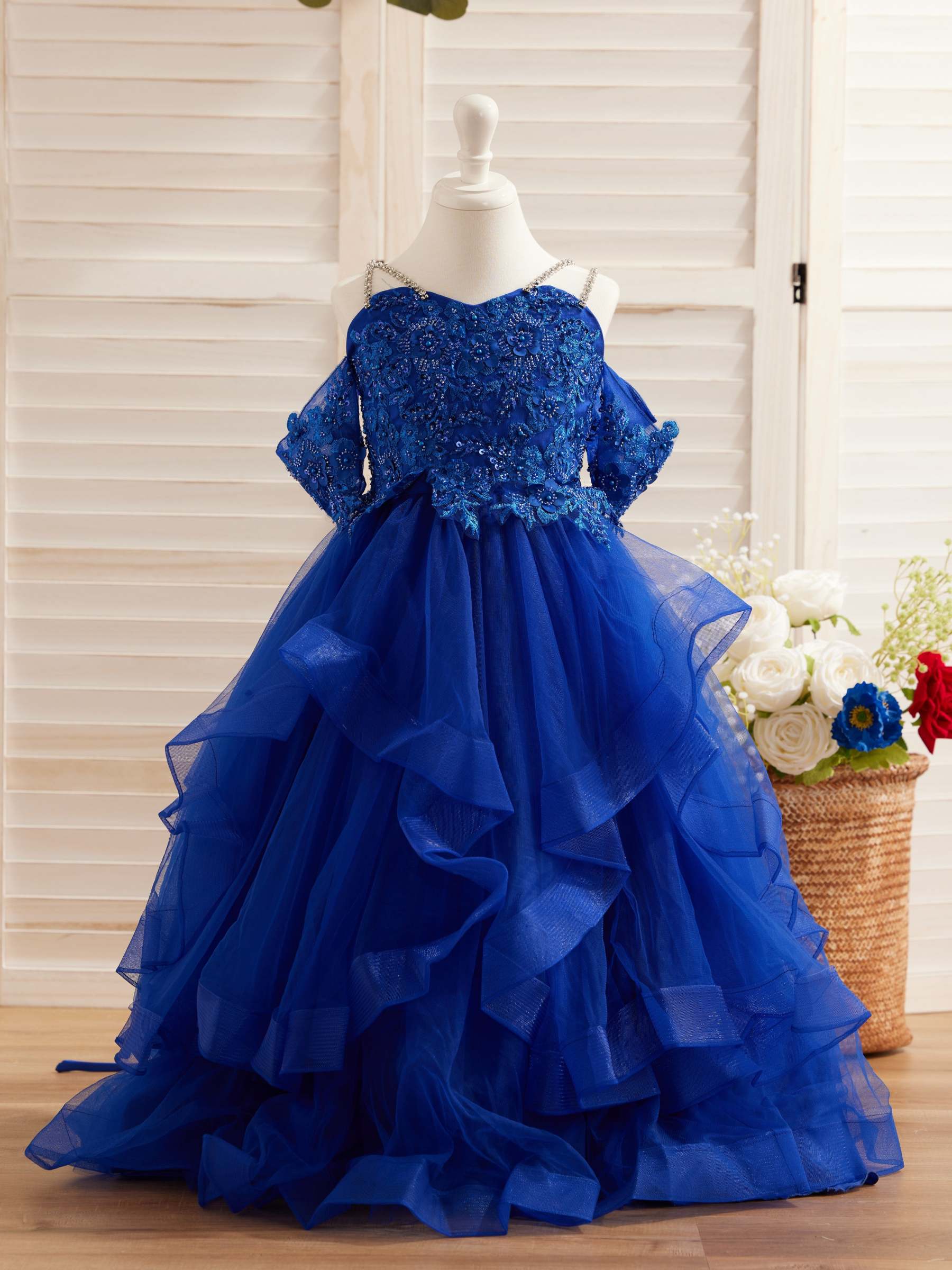 Princess Ball Gown in Tulle with Floral Appliques and Beading for Girls