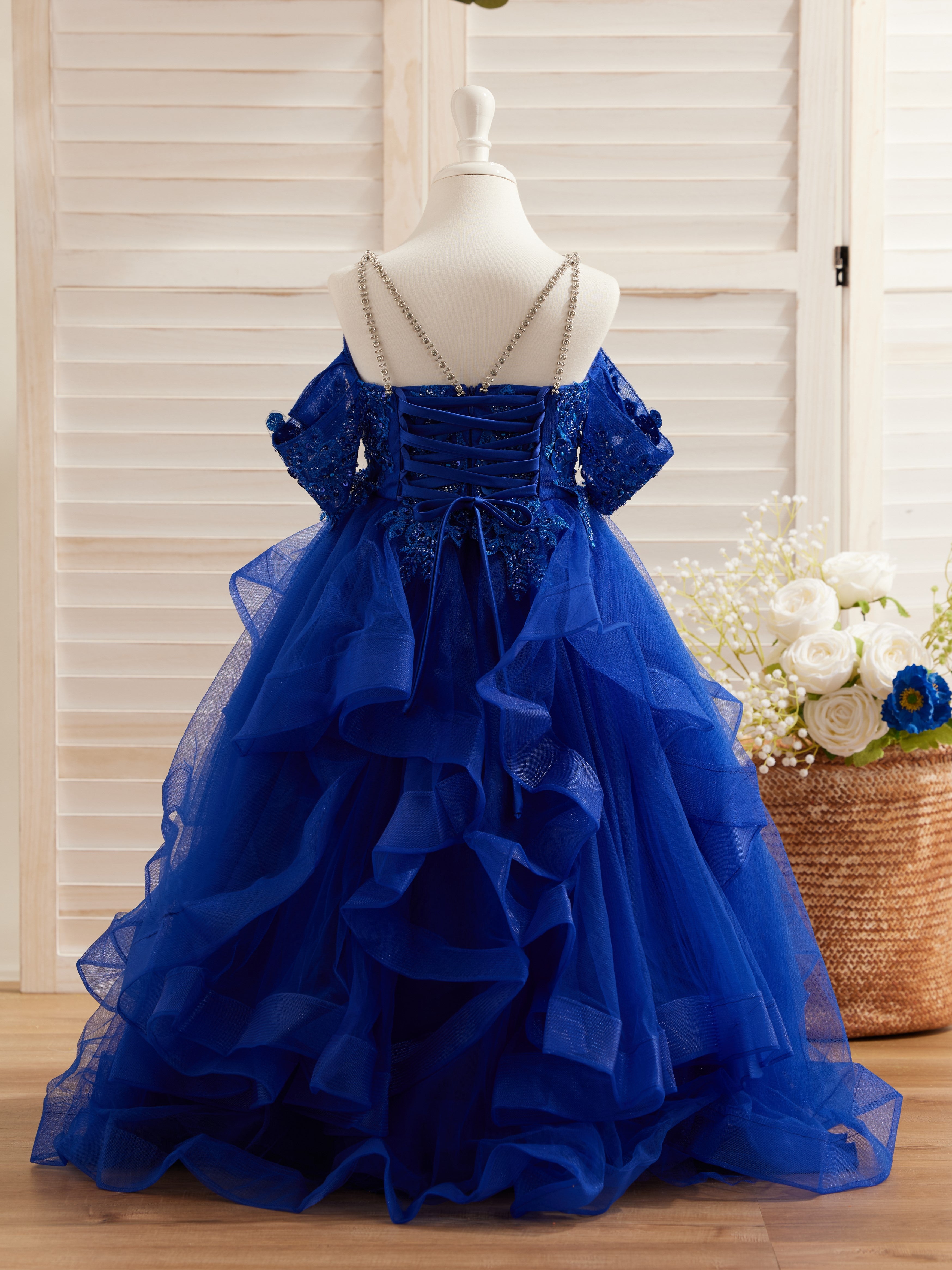 Princess Ball Gown in Tulle with Floral Appliques and Beading for Girls
