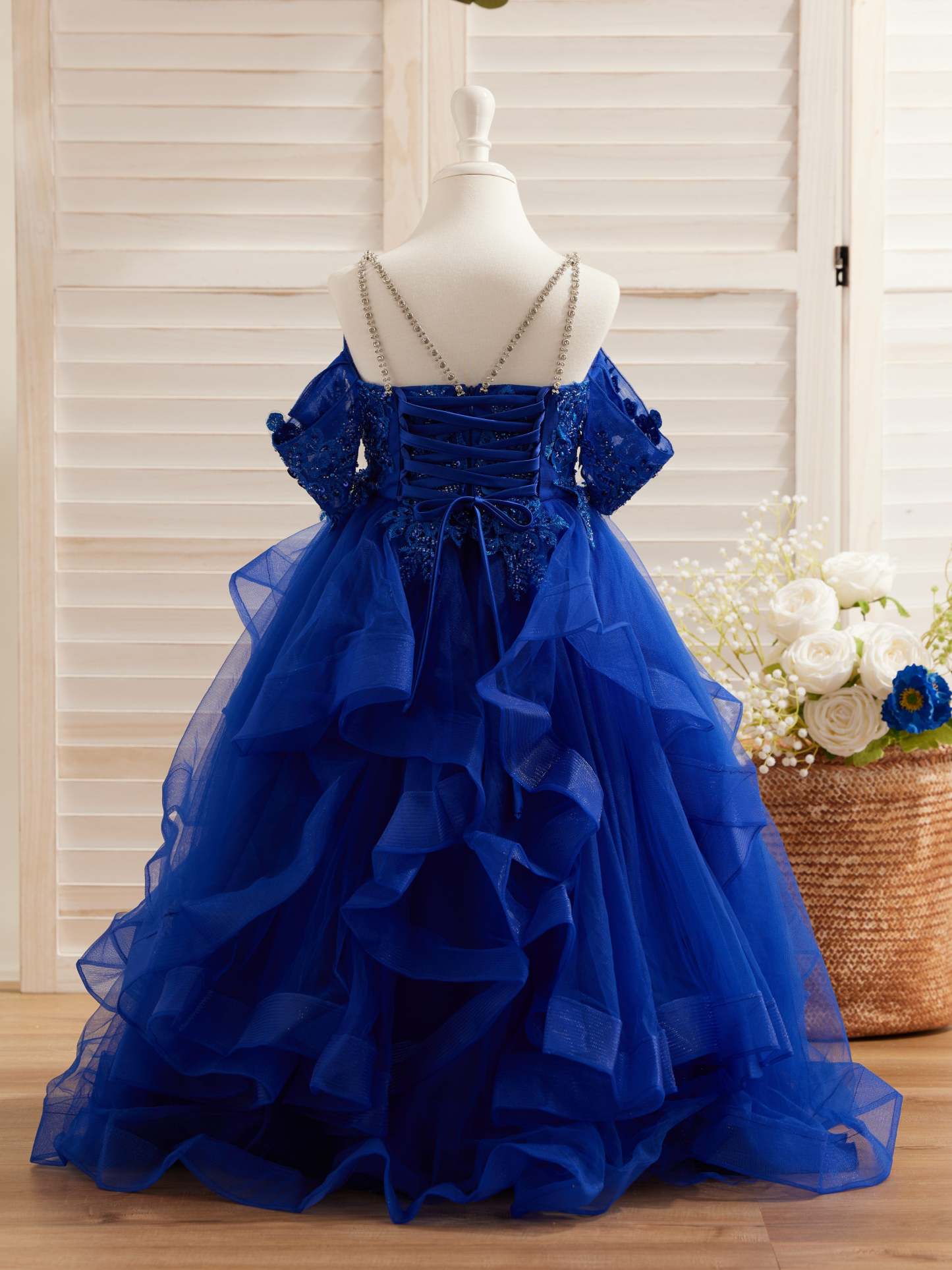 Princess Ball Gown in Tulle with Floral Appliques and Beading for Girls
