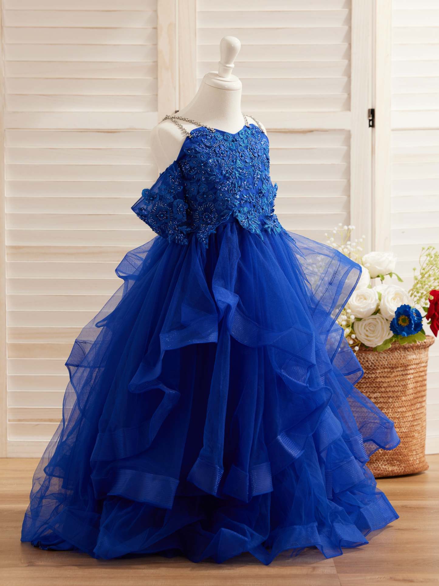 Princess Ball Gown in Tulle with Floral Appliques and Beading for Girls