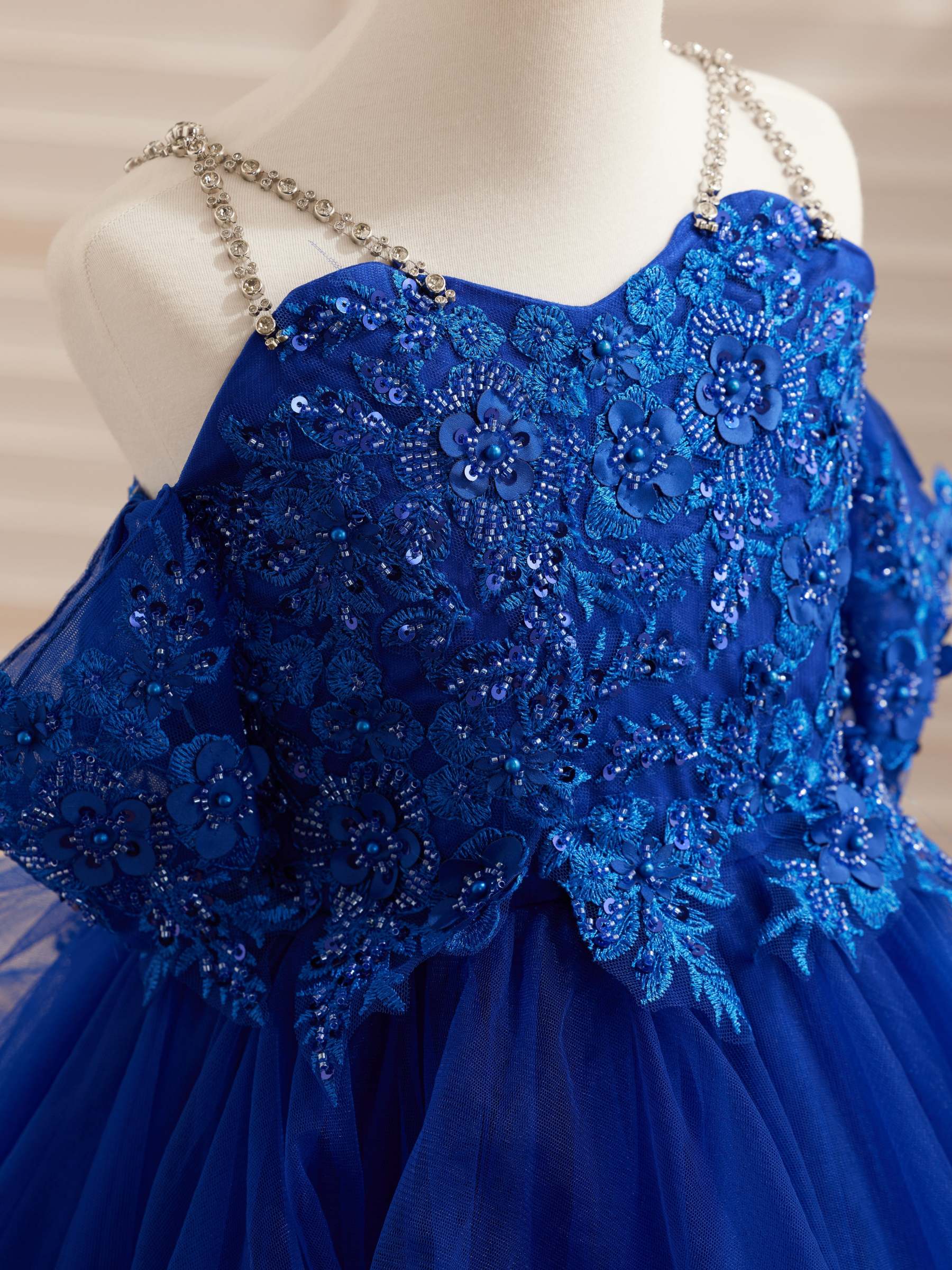 Princess Ball Gown in Tulle with Floral Appliques and Beading for Girls