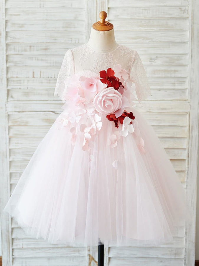 Knee-length A-line Flower Girl Dresses with 3D Lace and Tulle Half Sleeves