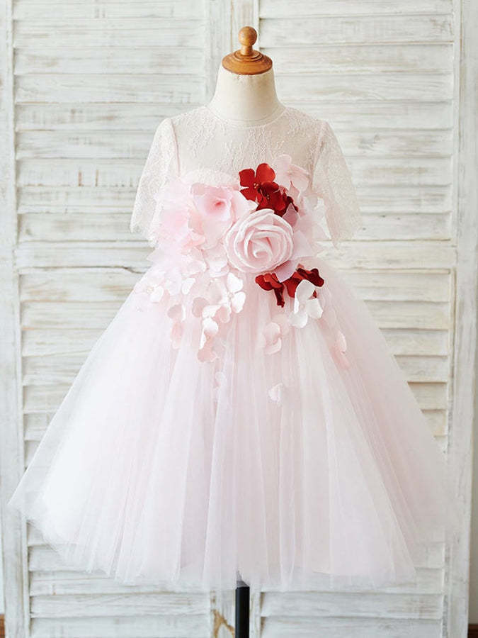 Knee-length A-line Flower Girl Dresses with 3D Lace and Tulle Half Sleeves