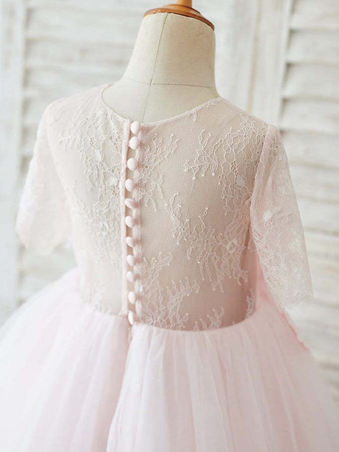 Knee-length A-line Flower Girl Dresses with 3D Lace and Tulle Half Sleeves