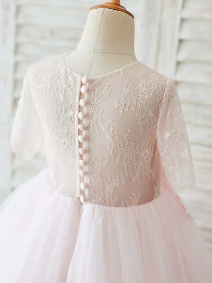 Knee-length A-line Flower Girl Dresses with 3D Lace and Tulle Half Sleeves