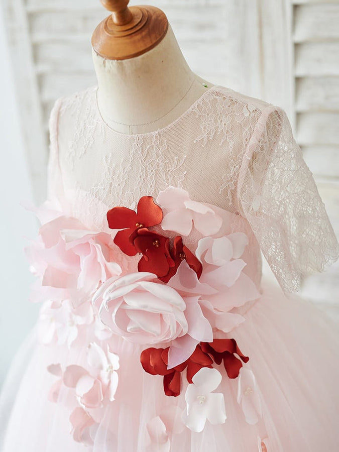 Knee-length A-line Flower Girl Dresses with 3D Lace and Tulle Half Sleeves